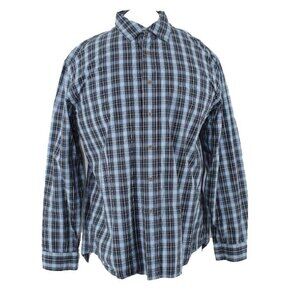 Bass Earth Sz XL Navy Blue White Gray Plaid Cotton Men's Button Front Shirt